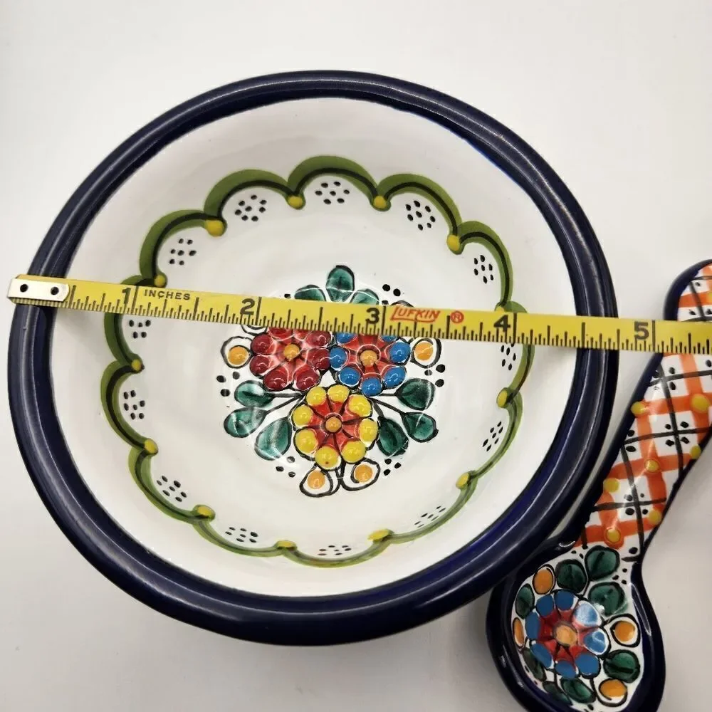 Mexican Pottery Colorful Ceramic Bowl and Spoon Set Hand painted
